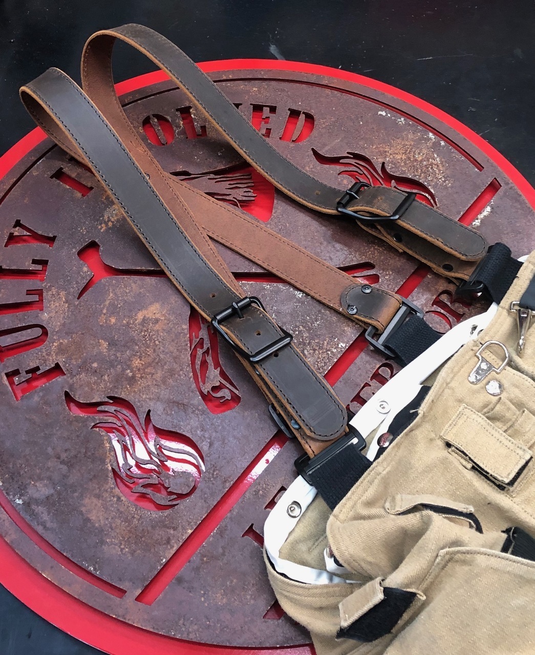 Rustic Smoke Leather X-Back Suspenders for Firefighters by Fully