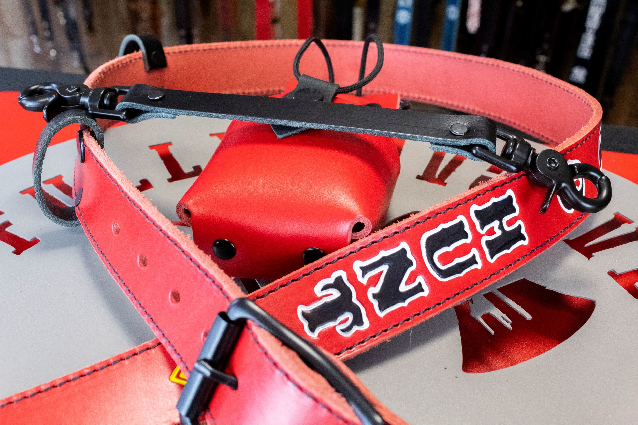 Red Custom Leather Firefighter Radio Strap with Holster
