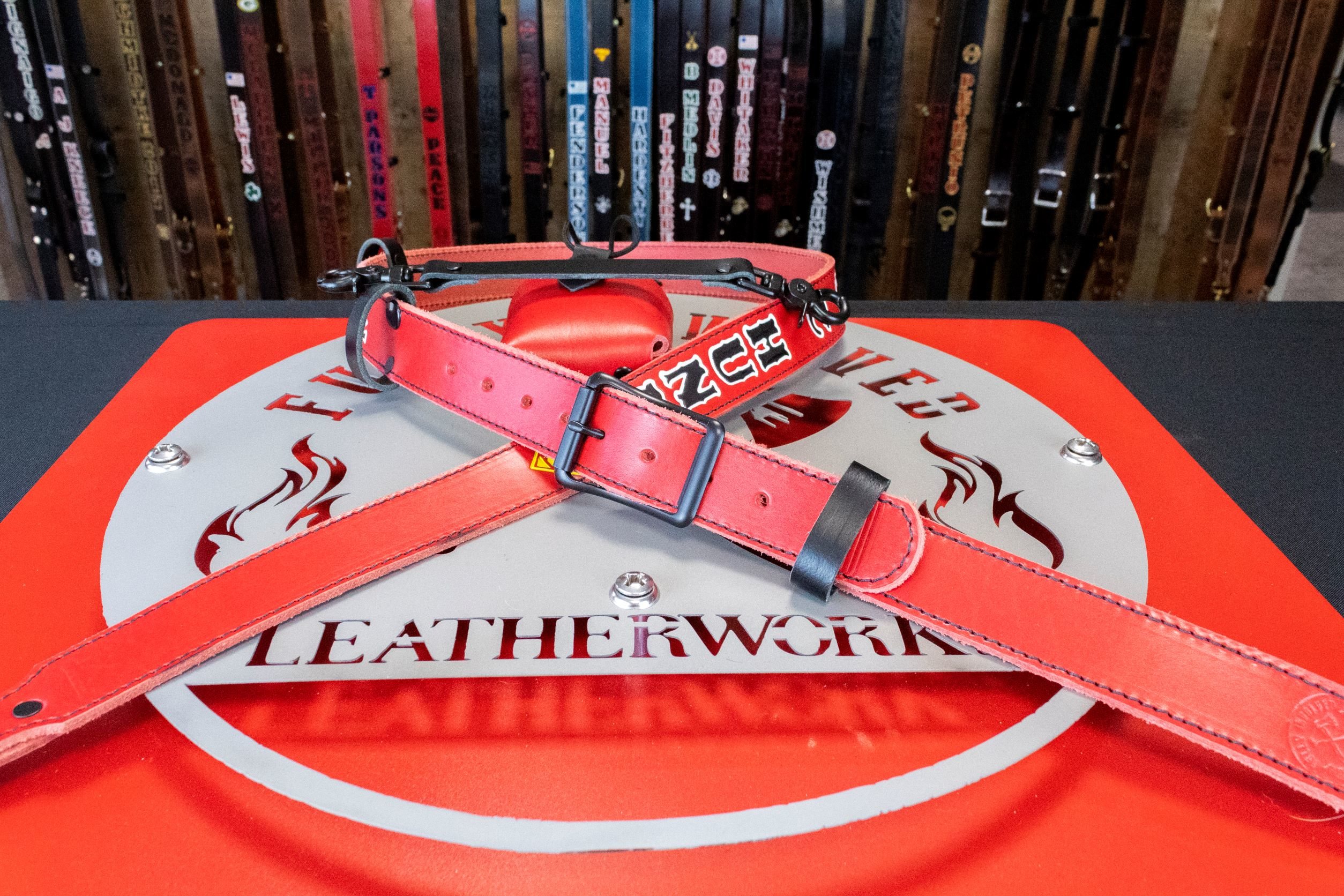 Red Custom Leather Firefighter Radio Strap