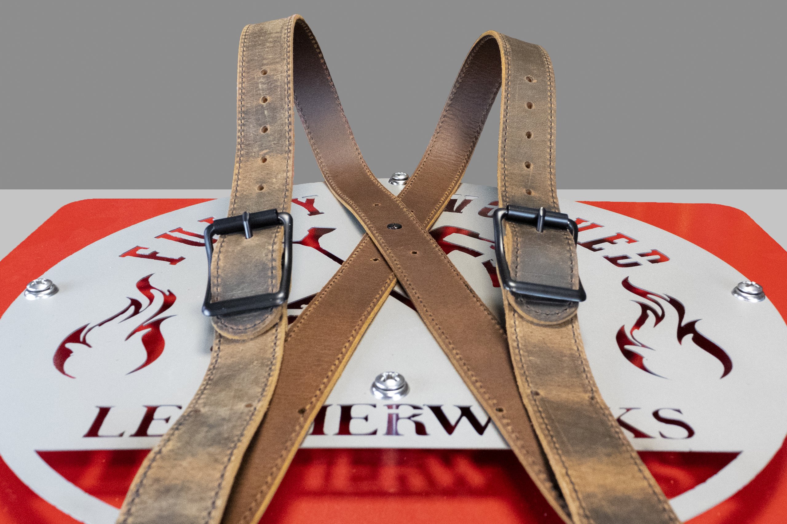 Rustic Smoke Leather XBack Suspenders for Firefighters by Fully Involved Leatherworks