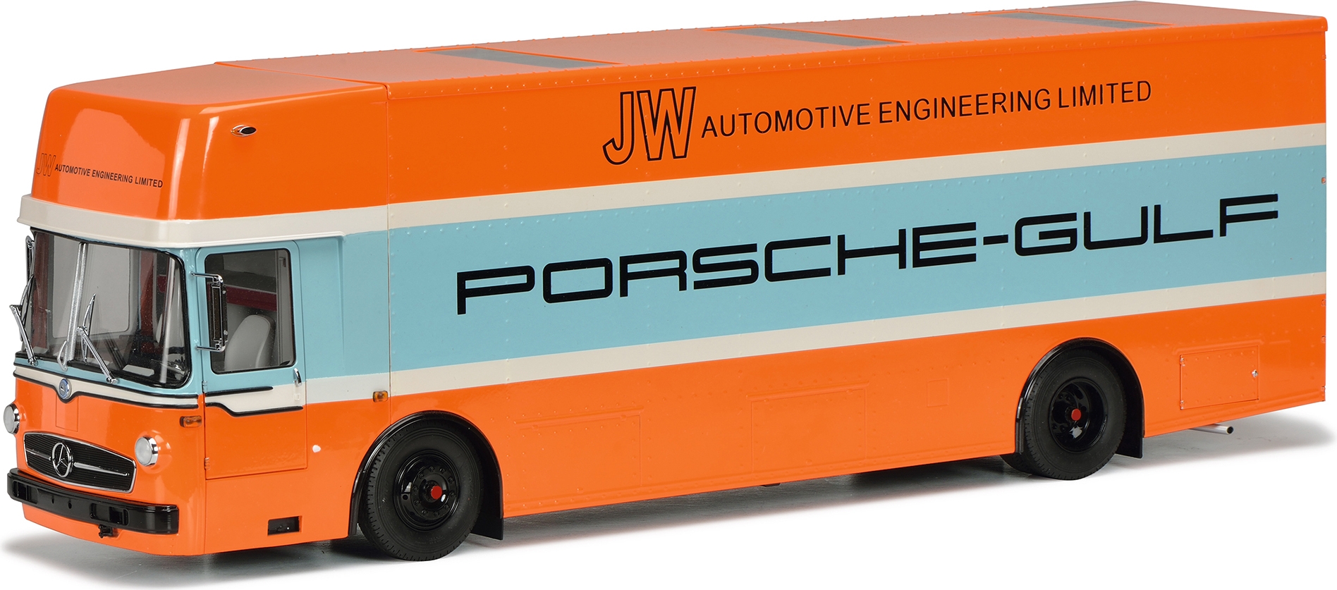 Mercedes-Benz O317 PORSCHE-GULF Transporter in 1:18 scale by Schuco