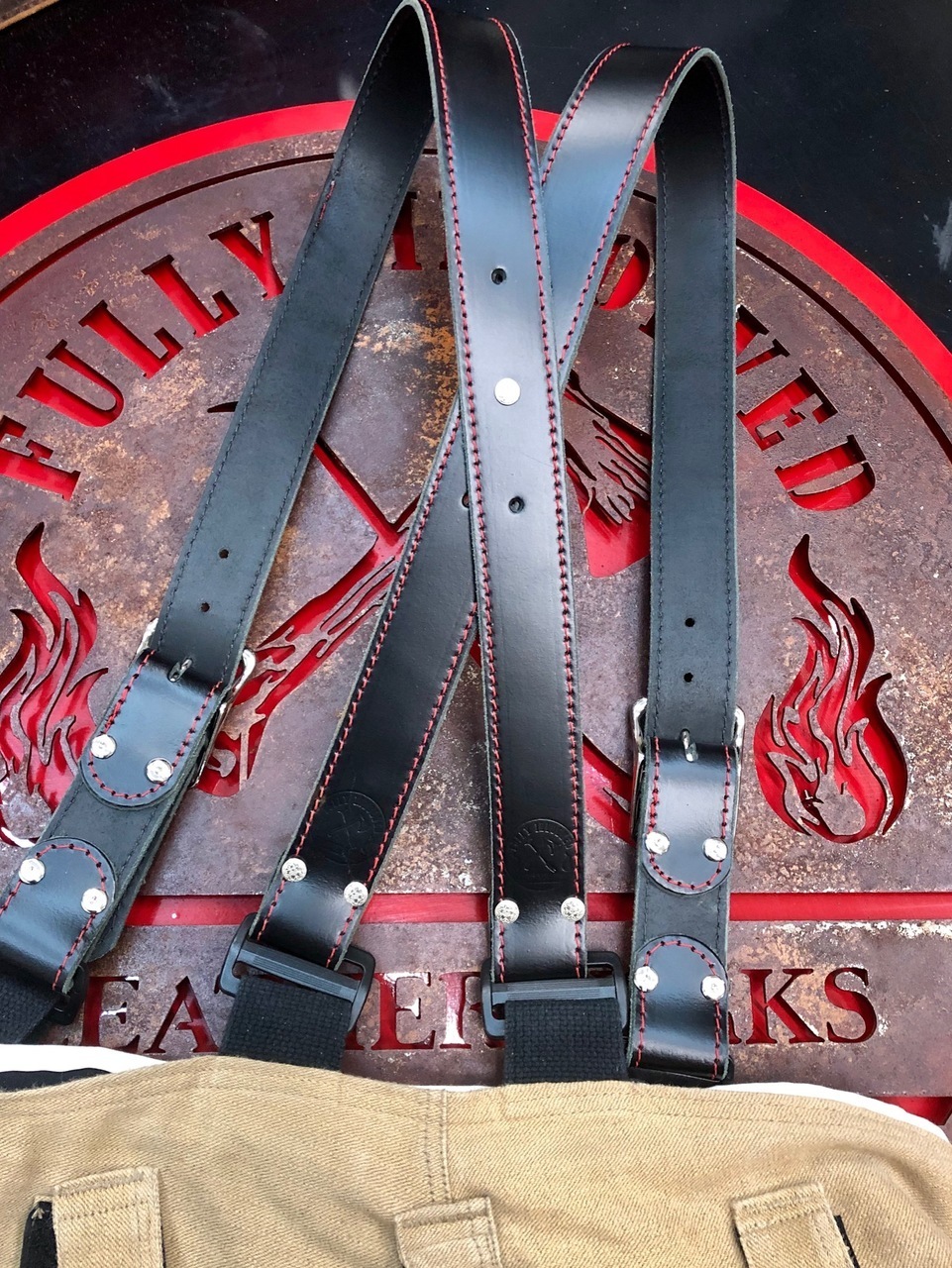 Black Leather X-Back Suspenders for Firefighters by Fully Involved
