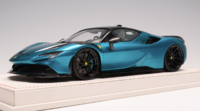 Ferrari SF90 Novitec Chrome Blue w leather base in 1:18 scale