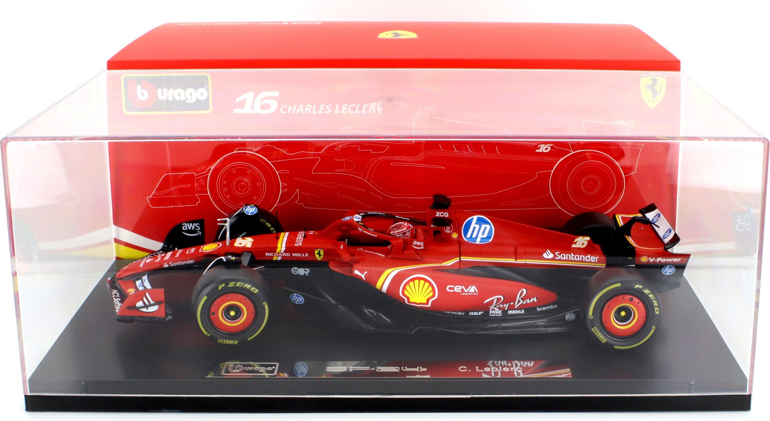 Miniature 1:18 Burago – Ferrari F1 SF-24 #16 Leclerc – Imola GP 2024 – Coffret Showcase